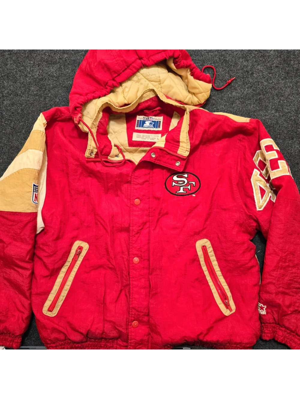 Vintage 90s Starter 49ers Puffer Jacket Large Flawed Hooded NFL San Francisco